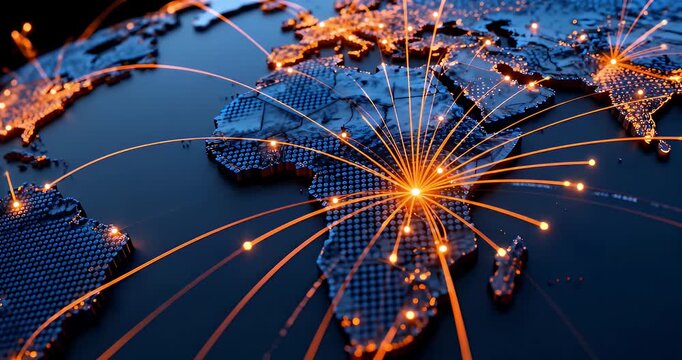 Global network connections radiating from Africa on a digital world map.