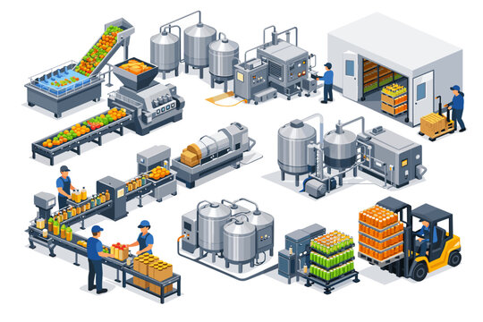 Automated food processing plant with conveyor belts, machinery, and workers
