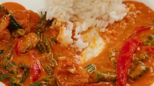 Tamarind red prawn curry cooking, shrimps in tomato ginger sauce, asian kitchen, Chinese restaurant.