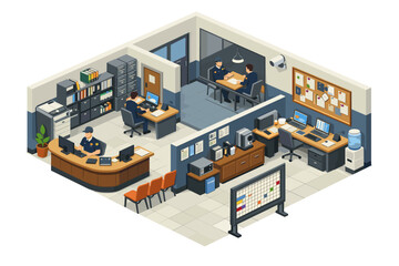 Obraz premium Isometric police station interior with officers working and conducting interviews