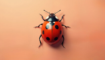 Fototapeta premium Red ladybug with black spots rests on solid peach background. Insect shown from top-down perspective with intricate detail on shell, legs. Illustration perfect for nature themes, graphic design