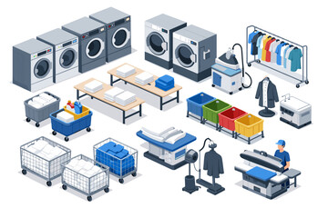 Obraz premium Isometric laundry service equipment and supplies for professional cleaning and garment care