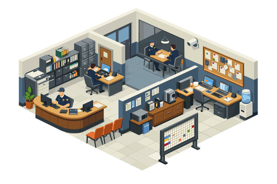 Isometric police station interior with officers working and conducting interviews