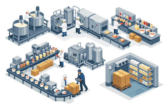 Modern food production facility with automated processes and workers