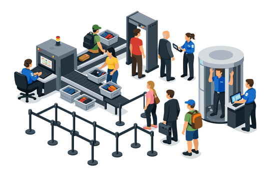 Airport security checkpoint with passengers and security personnel scanning luggage and people