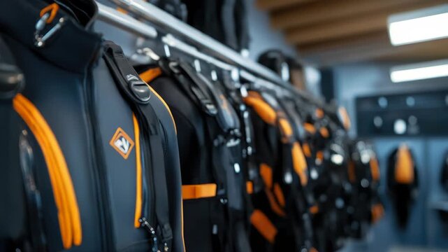 Row of wetsuits hanging on rack in preparation for a skydiving or wingsuit flight experience, showcasing professional equipment for extreme adventure and adrenaline sports