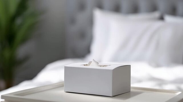 Hand pulling paper tissue from box on bedside table in cozy bedroom, hygiene concept and everyday routine at home