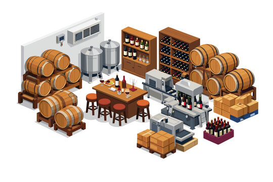 Isometric wine production facility with barrels, tanks, bottling machines, and wine racks