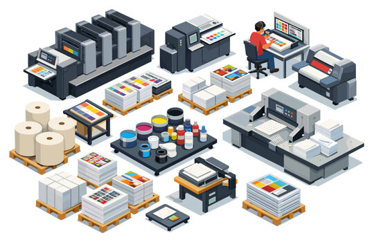 Modern printing industry equipment and supplies displayed in isometric view