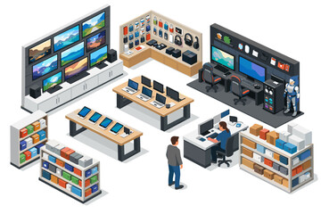 Obraz premium Isometric view of a modern electronics store with various gadgets and displays