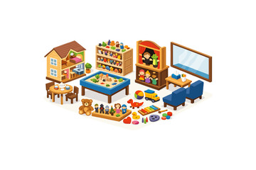 Fototapeta premium Isometric collection of toys and furniture for a child's playroom or kindergarten
