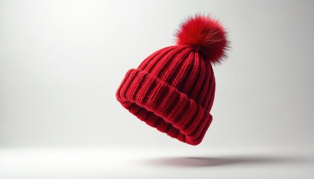 Red knit pompom hat floats on white background. Warm winter headwear, fashion accessory for cold weather. Cozy beanie for outdoor activities. Soft, comfortable, stylish. Basic apparel.