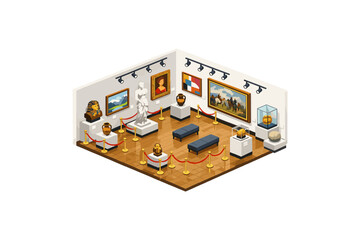 Obraz premium Isometric museum interior with paintings, sculptures, and artifacts displayed behind velvet ropes