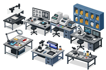 Obraz premium Isometric laboratory workstations with scientific equipment and analysis tools