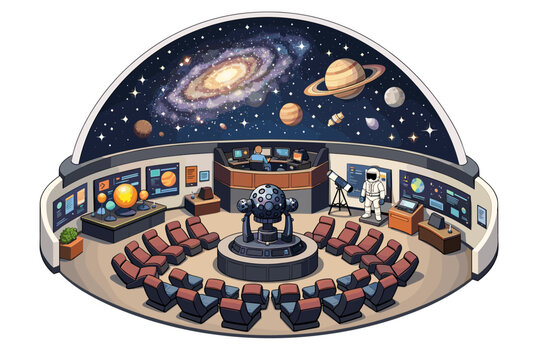 Inside a planetarium with seats, projector, and space-themed displays