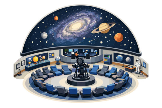 Inside a modern planetarium with a projector and audience seating under a starry dome