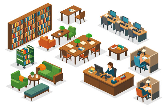 Isometric library interior with bookshelves, study desks, and reading areas