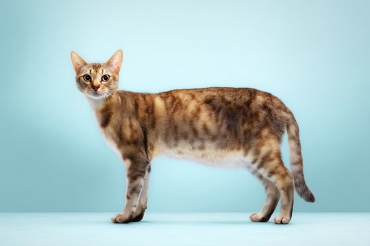 Tabby Sokoke Cat Standing in Studio on Blue Background