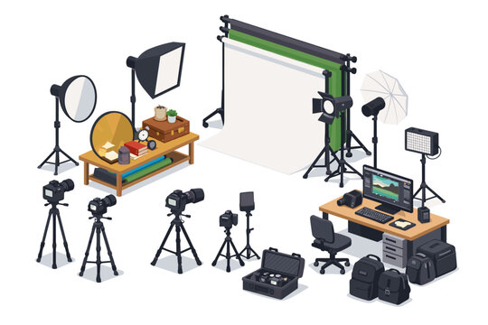 Professional photography studio setup with cameras, lighting, and editing equipment