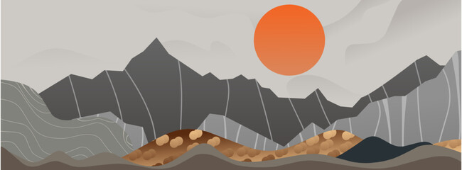 Minimalist Abstract Mountain Landscape with Vibrant Orange Sun