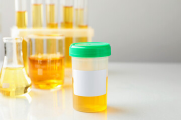 Plastic container and laboratory glassware with urine samples on white table, closeup