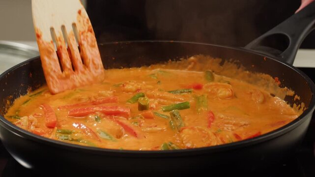 Tamarind red prawn curry cooking, shrimps in tomato ginger sauce, asian kitchen, Chinese restaurant.