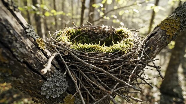 Intricate natural bird's nest woven from twigs and moss, securely nestled on a lichen-covered tree branch in soft sunlight
