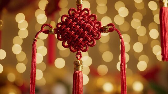 Intricate Red Chinese Knot Ornament with Golden Tassels and Soft Bokeh Lights