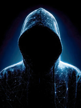 Mysterious figure in glowing digital network hoodie representing cybersecurity threat or hacker concept with dark background and illuminated connections