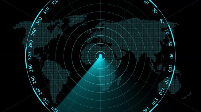 Radar screen loop with scanning beam circular grid. Scanning Submarine Radar Screen with World Map. tracking systems, and advanced technology solutions. 4k video animation concept