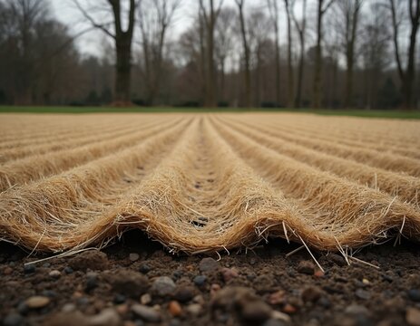 Rolled blanket of straw covers planted rows on field. Material protects soil, aids seed germination, prevents erosion. Ground layer visible close up.
