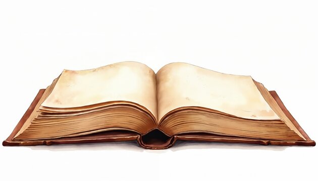 Open antique book with aged blank pages. Watercolor illustration. Useful for stories history education or fantasy themes. Isolated on white background.