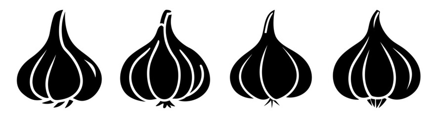 A set of four black garlic bulb silhouettes on a white background