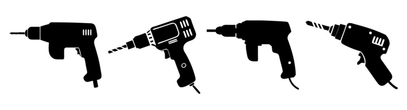 A set of four black drill silhouettes on a white background