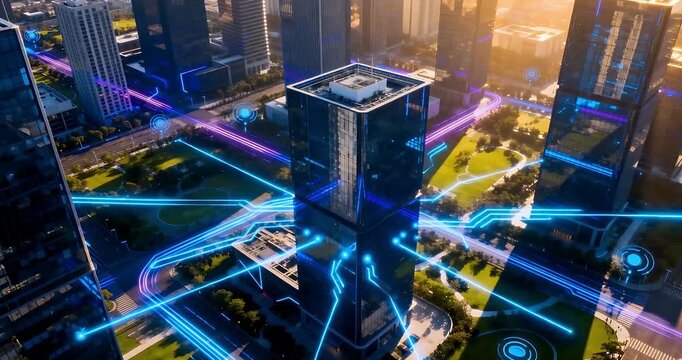 Aerial view of a modern city with glowing data lines connecting buildings, symbolizing advanced technology and urban connectivity.