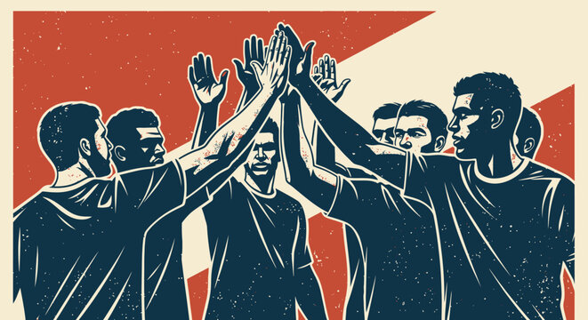 Team unity celebration in retro style with high fives in red and blue tones