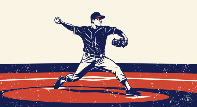 Dynamic retro baseball pitcher in action with vintage grunge effect