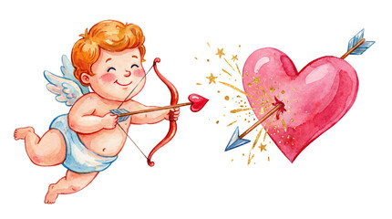 Fototapeta premium Watercolor cupid cherub with bow shooting an arrow into a pink heart, whimsical romantic Valentine's Day illustration