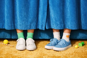A couple's feet in trendy sneakers and colorful socks stand on a golden carpet, peeking from behind a vibrant blue curtain, evoking a playful mood.

