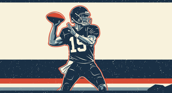 Retro grunge style football player throwing ball with helmet and gear