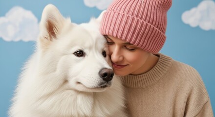 A whimsical close-up portrait of a woman in a pink beanie and her fluffy white dog sharing a tender moment of affection against a serene blue sky.


