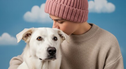 A whimsical close-up portrait of a woman in a pink beanie and her fluffy white dog sharing a tender moment of affection against a serene blue sky.


