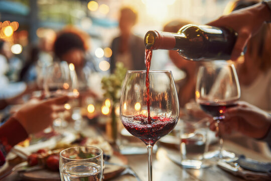 Pouring red wine into glass at a lively dinner party with friends gathered around a warmly lit table enjoying food and drinks together