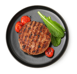 Naklejka premium Delicious grilled meat patty, tomatoes and spinach isolated on white, top view
