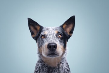 Close-up of an alert Australian Cattle Dog against a blue background.