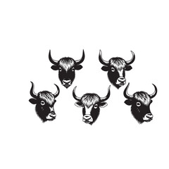 Fototapeta premium Yak Face Silhouette Vector Set, Yak Head Black and White Illustration, Yak Face Silhouette Collection