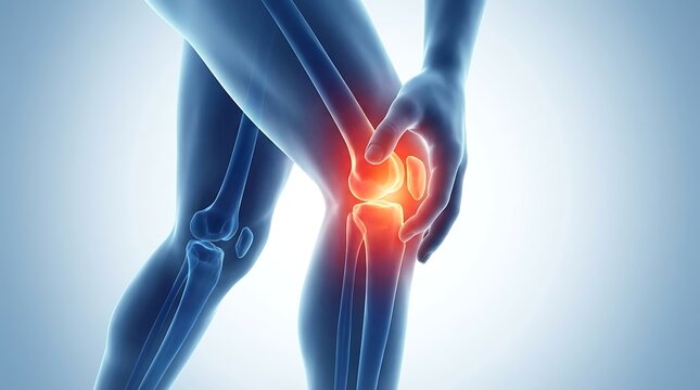 3D rendering of a human knee joint with highlighted inflammation and pain in the bone structure