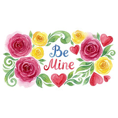 Fototapeta premium Watercolor floral Valentine composition with red and yellow roses, green foliage, hearts and hand-lettered 
