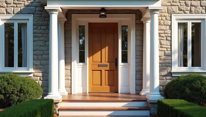 Fototapeta premium Georgian style home entrance with wooden front door, white columns, and stone exterior wall. Bright windows flank the door. Well kept landscaping with green bushes and hedges.