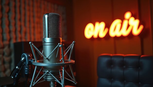 Pro microphone and on air sign in a cozy studio. Ready for podcast recording, radio broadcast, or live audio production. Equip your setup for clear sound.